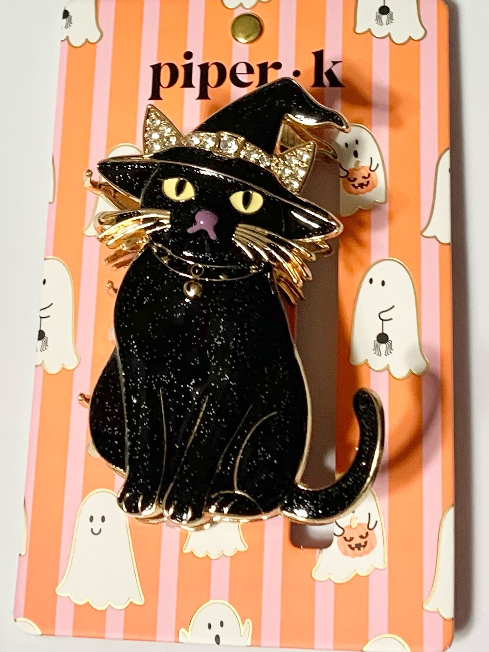 Witch Black Cat Sparkly Rhinestone Hair Clip Halloween NEW 3.5”